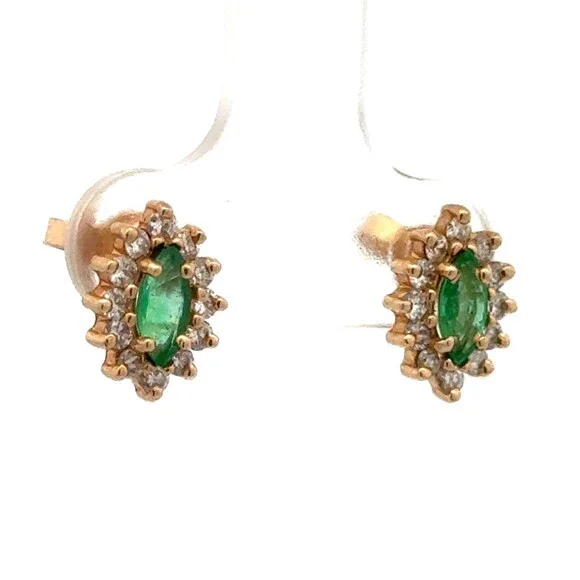 Estate 14k Yellow Gold Marquise Cut Emerald Diamond Halo Flower Stud Earrings